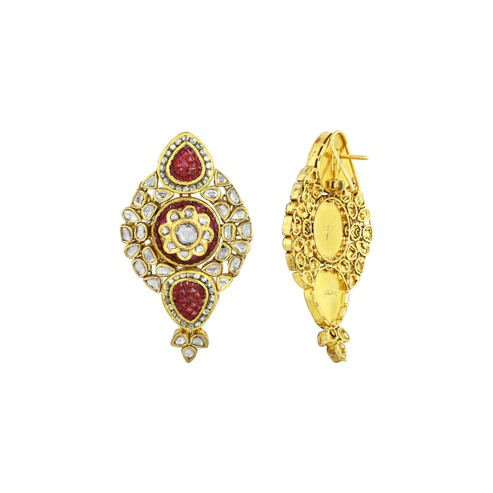 Central Floral Polki Earrings with Red Gemstones